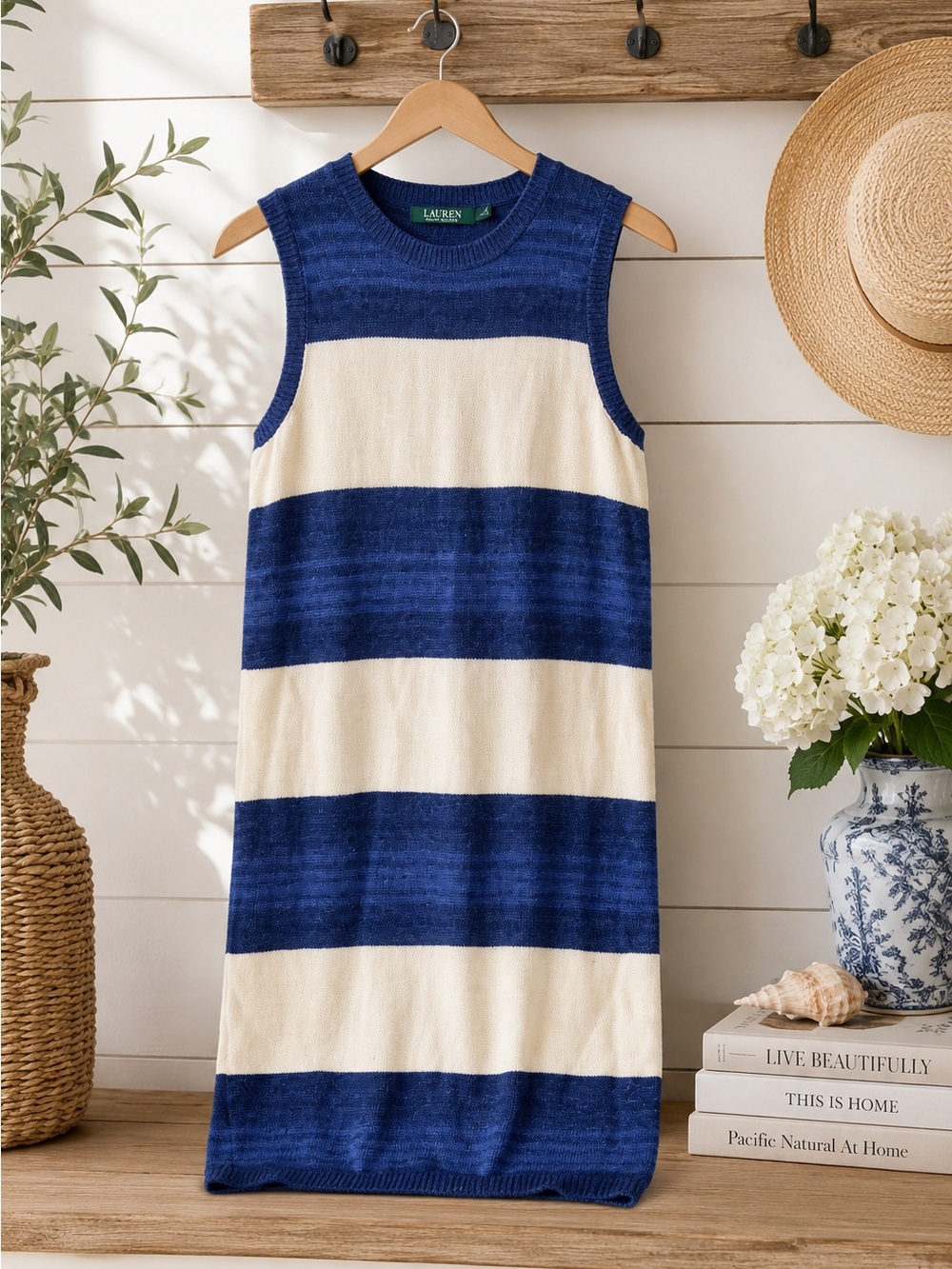Ralph Lauren Navy and Cream Striped Sleeveless sweater Dress